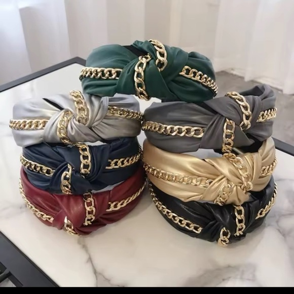 Accessories - PU Leather Wide Side Headband Shining Gold Chain Headwear Casual Hair Accessorie